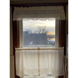 VTG Ivory Crochet Lace Floral Cotton Needlepoint‎ Kitchen Curtain Set 3 Piece